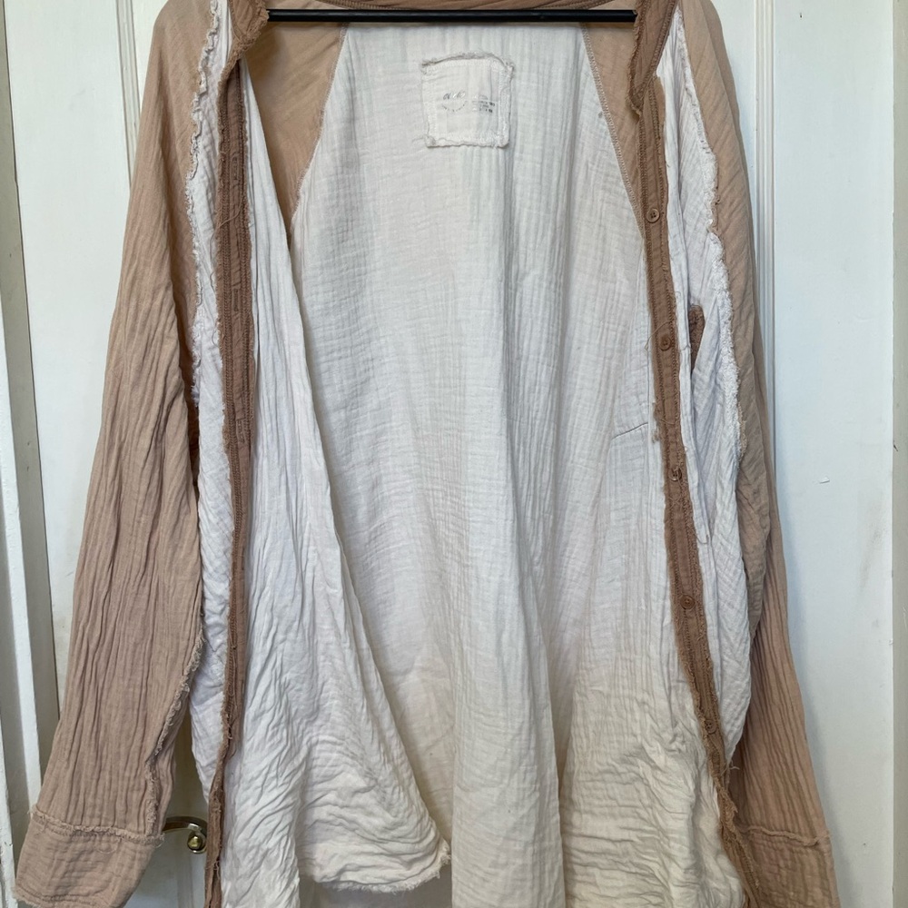 Aerie Cream and Tan Distressed Button Down Top